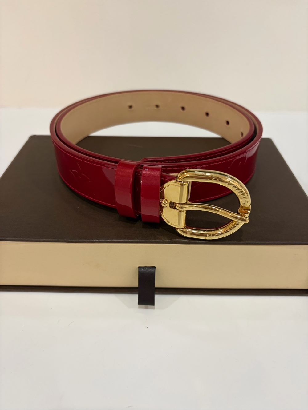 Louis Vuitton Women's Red Patent Leather Belt with Gold Buckle mint condition